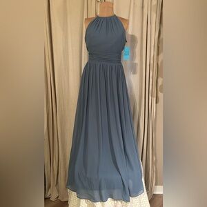 NWT Levkoff Slate Blue Chiffon Halter Style Gown Size 10